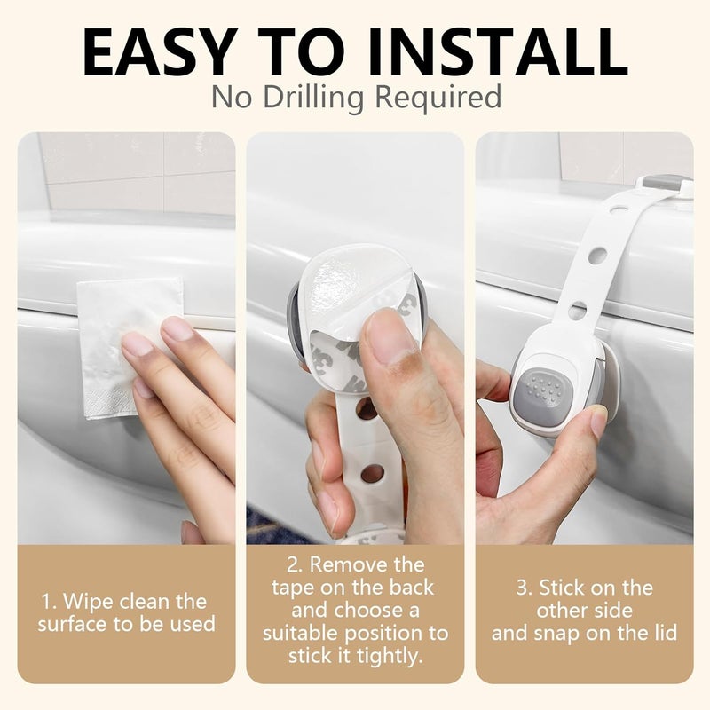 SKYROKU Baby Proof Toilet Lock (2-Pack) - Child Safety Cabinet Locks for Toilet Seat, Drawers, Fridge, Doors | Easy Install with Strong 3M Adhesive | Non-Toxic & Adjustable Strap for Toddler & Pet Safety - Image 5